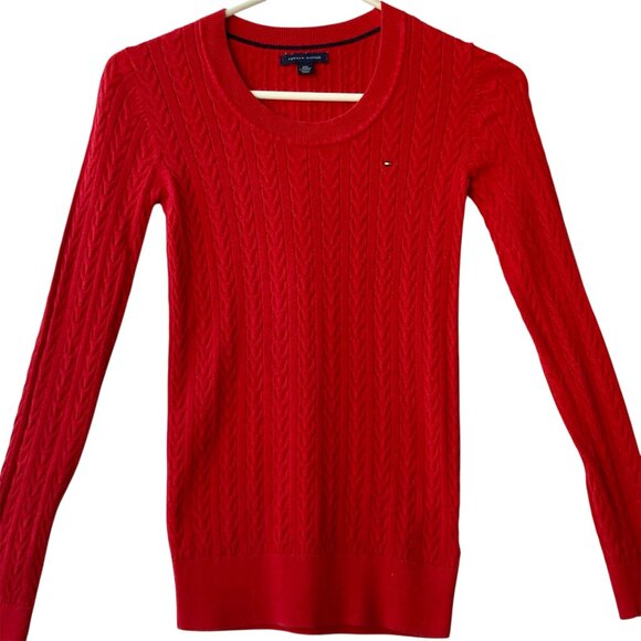 Tommy Hilfiger Apple Red Cotton Sweater Womens Size XXS Cable Knit Flag Preppy - Picture 1 of 16